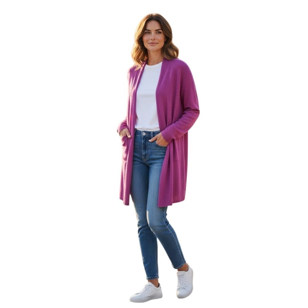 Eileen Fisher NWOT Purple Wool Open-Front Drape Cardigan Sweater, Size Medium